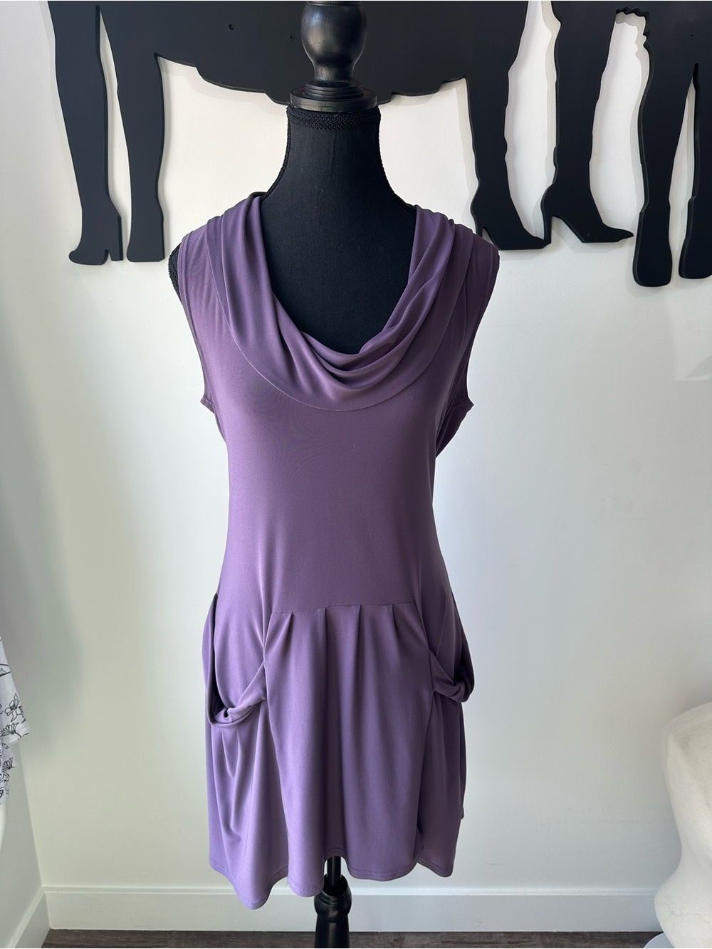 Sleeveless Draped Neck Purple Pocket Dress